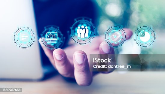 istock Man holding icon of digital marketing internet and sales increase business technology. Business. Big data analytics. 1550967653
