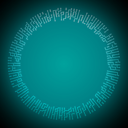 istock Frame of circular green turquoise circuit board wires, with copy space in the middle 1550969957