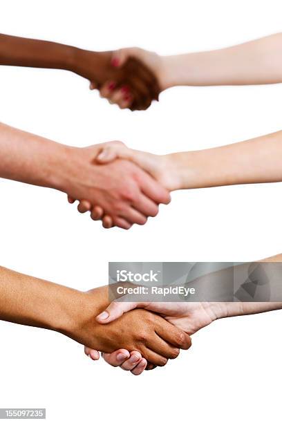 Foto de Três Folhas Handshakes Isolada No Branco e mais fotos de stock de Dar as Mãos - Dar as Mãos, Figura para recortar, Fundo Branco