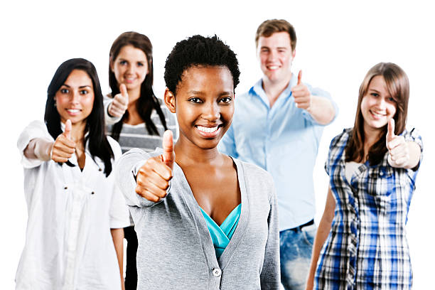 istock Five smiling positive people give approving thumbs up gesture 155097374