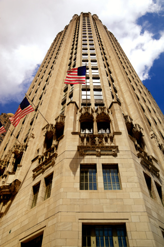 Tribune Tower a Chicago iconic gothic American building from low angle view in downtown windy city