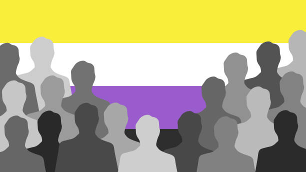 Non binary men Black and white men silhouettes standing in front of a Non Binary Pride flag non gender figure stock illustrations