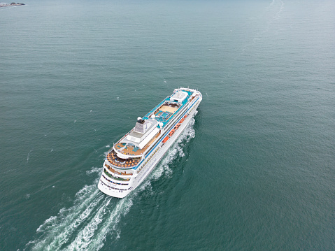 Istanbul, Turkey, June 29, 2023; Aerial view of Astoria Grande Cruise ship in Istanbul Bosphorus, Turkey. Astoria Grande Cruise ship visiting Sea of Marmara coastline cities.