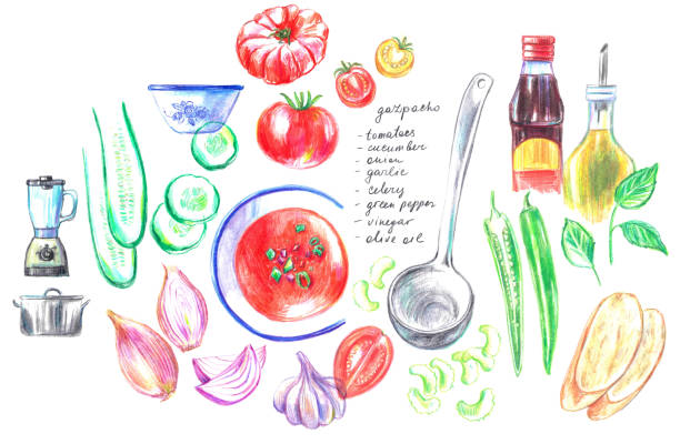 bildbanksillustrationer, clip art samt tecknat material och ikoner med hand drawn summer gazpacho soup recipe illustration and ingredients poster. - illustrationer med smoothie