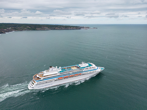 Istanbul, Turkey, June 29, 2023; Aerial view of Astoria Grande Cruise ship in Istanbul Bosphorus, Turkey. Astoria Grande Cruise ship visiting Sea of Marmara coastline cities.