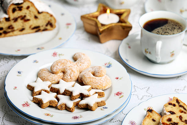 Zimtsterne / Cinnamon Star Cookies, Vanille Kipferln, Stollen and coffee.