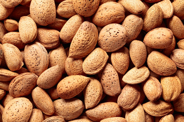 Background of big raw unpeeled almonds situated arbitrarily. stock photo