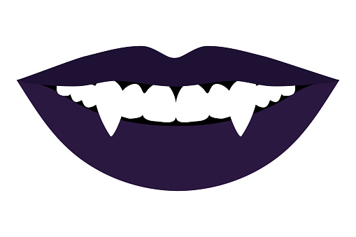 Vampire woman lips with fangs. Monster girl evil lips. Vector illustration