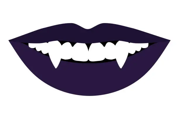 Vector illustration of Vampire woman lips with fangs. Monster girl evil lips. Vector illustration