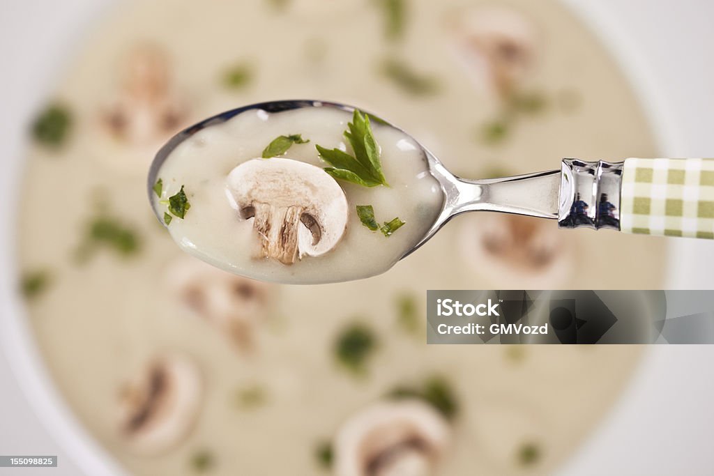 Mushroom Soup Spoon with creamy mushroom soup, close-up Cream Soup Stock Photo