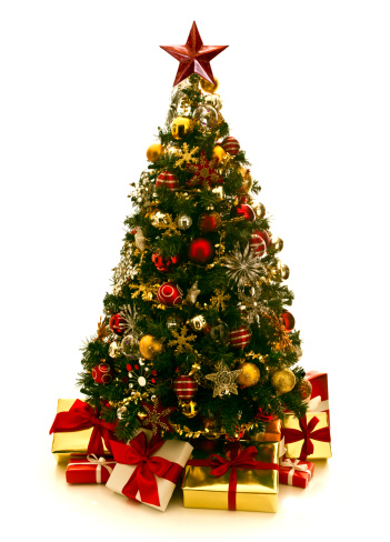 Christmas tree and gifts isolated on white.
