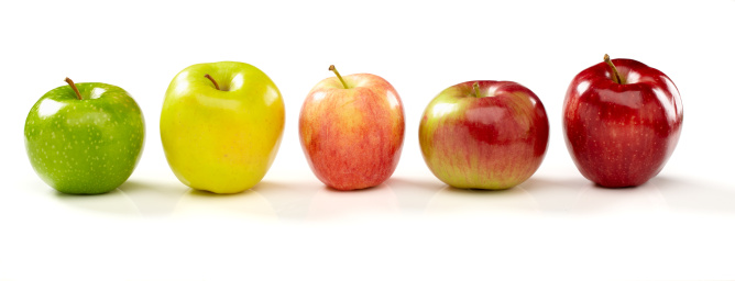 5 varieties of apples: Granny smith, Golden delicious, Gala, Macintosh and Red delicious.  Larger files include clipping path.