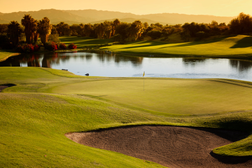 Palm Desert California Golf Landscape at Sunrise with focus on foreground and mood lighting