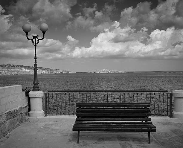 A garden with trees, plants, flowers and benches with a panoramic view above the Mediterranean sea (Pesaro, Italy, Europe)