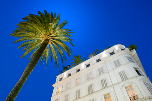 low angle shot of a hotel facade and illuminated palm tree at sunset in Cannes, France, iStockalypse Cannes 2010 «Photographié à Cannes, Côte d’Azur, France. Shot in Cannes, Côte d’Azur, France»