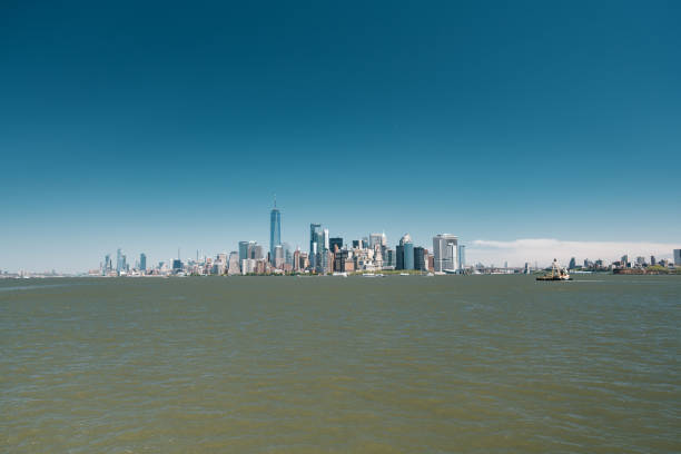Moon over Midtown Manhattan skyline, New York skyline at early morning, from the Jersey shore