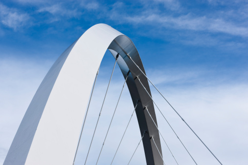 Abstract view of the arch of the Finnieston Bridge in Glasgow, Scotland.The Finnieston Bridge crosses over the River Clyde in Glasgow - also known as the Clyde Arc and, less formally, the 
