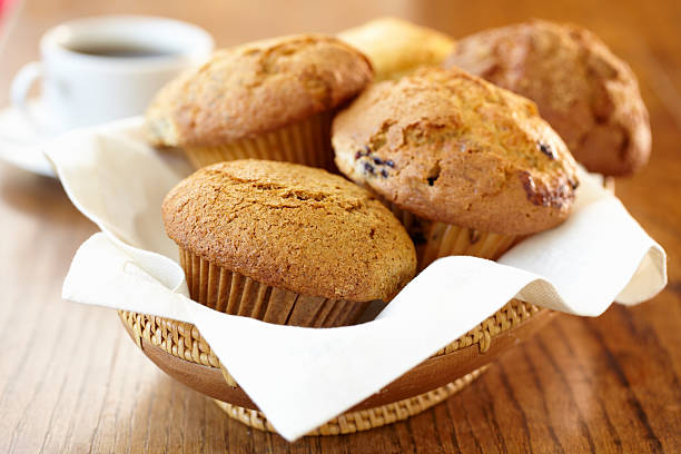 Basket of muffins shot on wooden table.