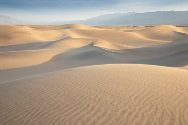 istock Scenic view on natural ripple sand pattern during sunrise at Mesquite Flat Sand Dunes, Death Valley National Park, California, USA. Morning walk in Mojave desert with Amargosa Mountain Range in back 1550999237