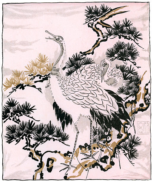 Japanese Art - Picture of a Crane Vintage colour lithograph from 1883 of a crane in a japanese style japanese crane stock illustrations