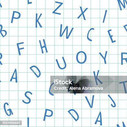 istock Alphabets pattern. Gift wrapping paper. Latin letters on a notebook sheet in a box. Seamless pattern for notebook covers, prints, wallpapers 1551005607