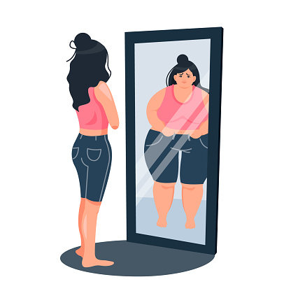 A thin girl looks at herself in the mirror and sees herself fat. The concept of anorexia and bulimia. Eating disorder, weight loss, guilt. A female character with a mental disorder. Vector