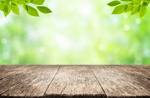 istock Empty wooden table over green background. Summer background with space for product display 1551017103