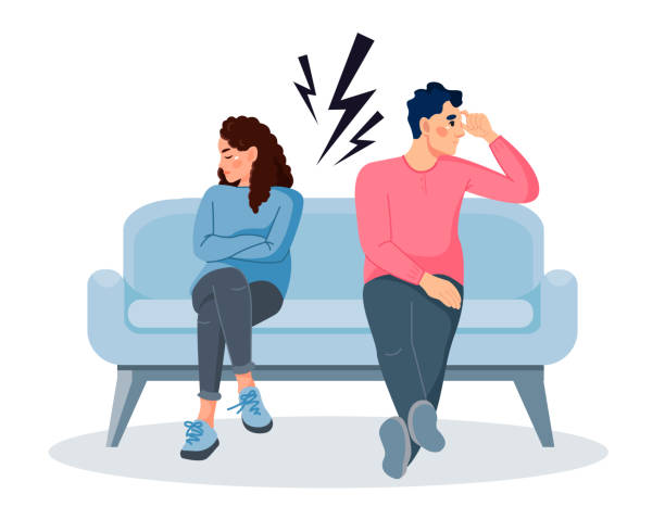 illustrations, cliparts, dessins animés et icônes de un jeune couple marié a des problèmes dans leur relation. une femme et un homme sont assis sur le canapé et ne veulent pas se parler. vecteur - grognon