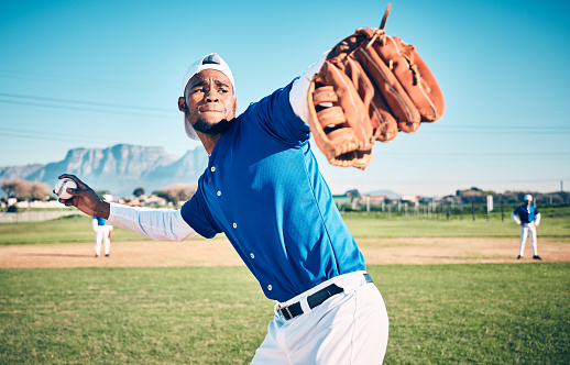 Sports, pitching and fitness with man on field for throwing, workout or training for competition match. Cardio, exercise and strike with athlete playing in stadium for game, practice or action