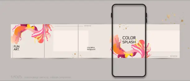 Vector illustration of square brochure template abstract social media carousel post add editable blank background with copy space for female fashion beauty. vivid colorful wavy paint in splash