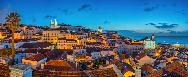 Lisbon Portugal, night panorama city skyline at Lisbon Alfama district