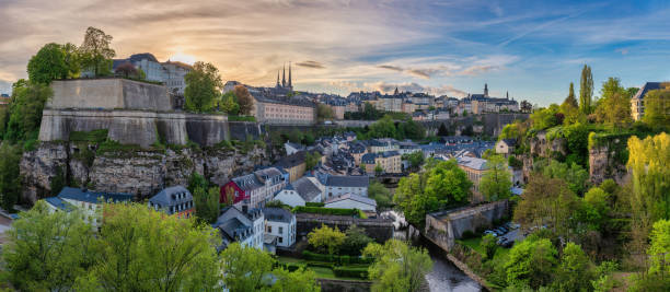 Grand Duchy of Luxembourg, sunset city skyline at Grund along Alzette river in the historical old town of Luxembourg stock photo