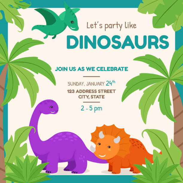 Dinosaurs Themed Party Invitation Card Vector Illustration A vector illustration of Dinosaurs Themed Party Invitation Card dinosaur birthday stock illustrations