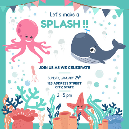 A vector illustration of Ocean Animals Themed Party Invitation Card