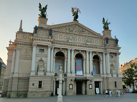 Lviv, Ukraine - May 31, 2023: activity in Svobody Avenue in front of the Lviv National Academic Opera and Ballet Theatre named after Solomiya Krushelnytska