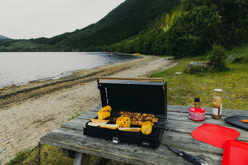 Grilling chicken and corn on grill stove by the lakeshore during with mountain view