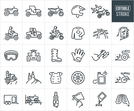 A set of dirt-bike, ATV, UTV and off-road vehicles icons that include editable strokes or outlines using the EPS vector file. The icons include an ATV, four wheeler, UTV, Utility Task Vehicle, Dirt Bike, Motorcycle, motorcycle helmet, dirt-bike rider doing a stunt on a dirtbike, person riding a four wheeler, person driving a UTV, person riding a dirtbike, jersey, motorcycle tracks, GSP trail map on phone, riding goggles, dirt bike boots, riding gloves, wrench for repair, ATV peeling out, dirt bike peeling out, person riding a four wheeler up a mountain, mountain trail, chest protector, motorcycle wheel, oil, enclosed trailer, ATV on a trailer, spark plug, race flag, and motocross track.