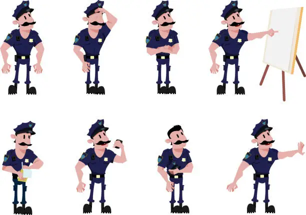 Vector illustration of Police Officer in eight different positions. Unarmed. New York police uniform. Friendly situation. Public security service. call 911.