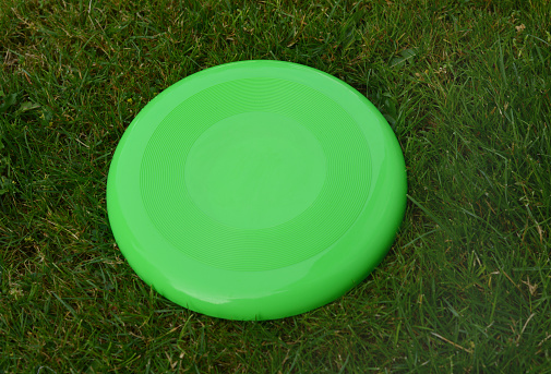Closeup of a generic, mass produced flying disc on a lawn.
