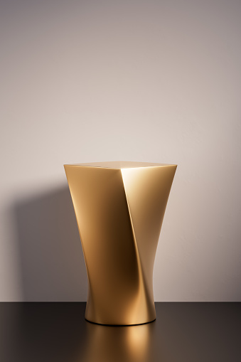 3d presentation background pedestal or dais made of gold in room illuminated by sunlight. 3d rendering of mockup of presentation podium for display or advertising purposes