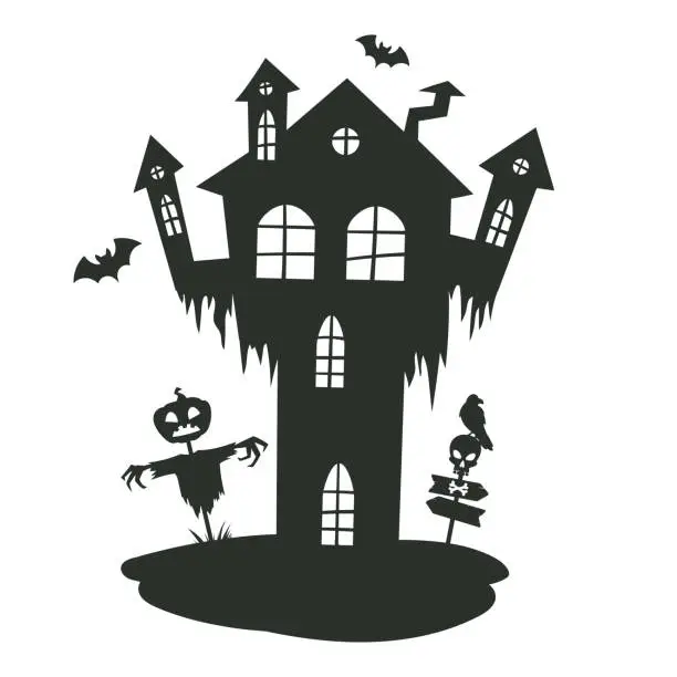 Vector illustration of Creepy ghost house silhouette. Cartoon Halloween haunted old castle, scary monsters haunted house flat vector illustration. House with ghosts