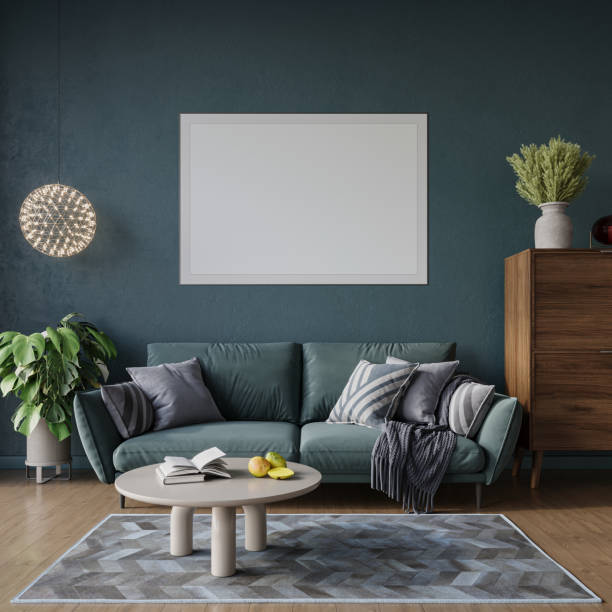 istock Living room interior with dark blue sofa and poster on empty blue wall, 3d render 1551083806