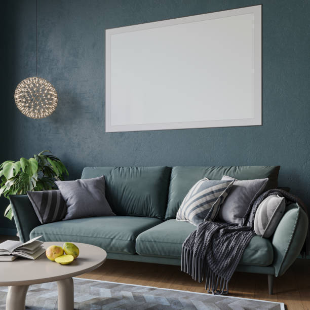 istock Living room interior with dark blue sofa and poster on empty blue wall, 3d render 1551083816