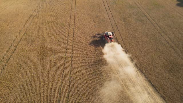 Aerial image of harvester harvesting soybeans