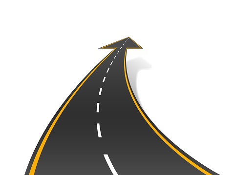Motivational road concept. Upward arrows mark path to success, upward and forward path for growth and improvement. Successful road vector illustration of road highway upward