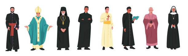 illustrazioni stock, clip art, cartoni animati e icone di tendenza di personaggi della chiesa cattolica. religione cristiana capi della chiesa in abiti diversi, cattolicesimo religioso sacerdote pastore sacerdote papa. set di cartoni animati vettoriali - holy man immagine