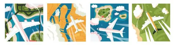 Vector illustration of Plane aerial view. Summer landscape with flying air transport, top view of blue sky with flying aircraft and clouds, tourism and vacation concept. Vector illustration