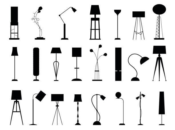 istock Floor lamp silhouettes. Modern light furniture, office and home decorative light, tall lamps and floor lamps detail. Vector isolated set of light lamp silhouette for interior illustration 1551092833