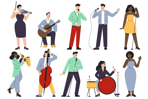 Singers and musicians characters. Cartoon musicians and band members, jazz and rock musicians playing instruments and performing. Vector set of musician and singer illustration