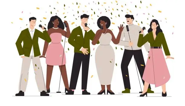 Vector illustration of People at karaoke party. Cartoon club and bar singers and musicians, colorful entertainment and music concept. Vector illustration